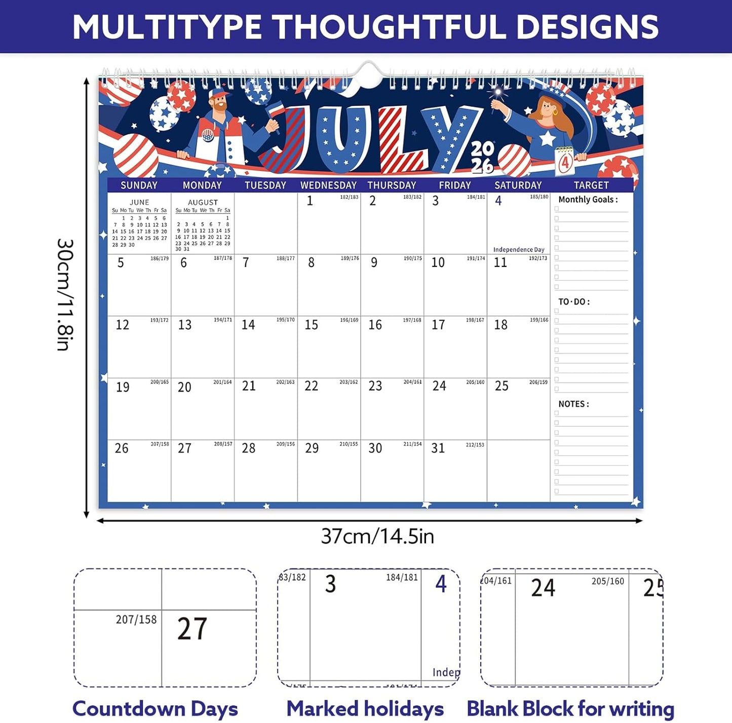 Wall Calendar 2026-2027, 18 Month Large Desk Calendar from January 2026 to June 2027 14.5" x 11.8" Monthly Calendar with Twin-Wire Binding for Home Office Planning Organisers, Festival Style