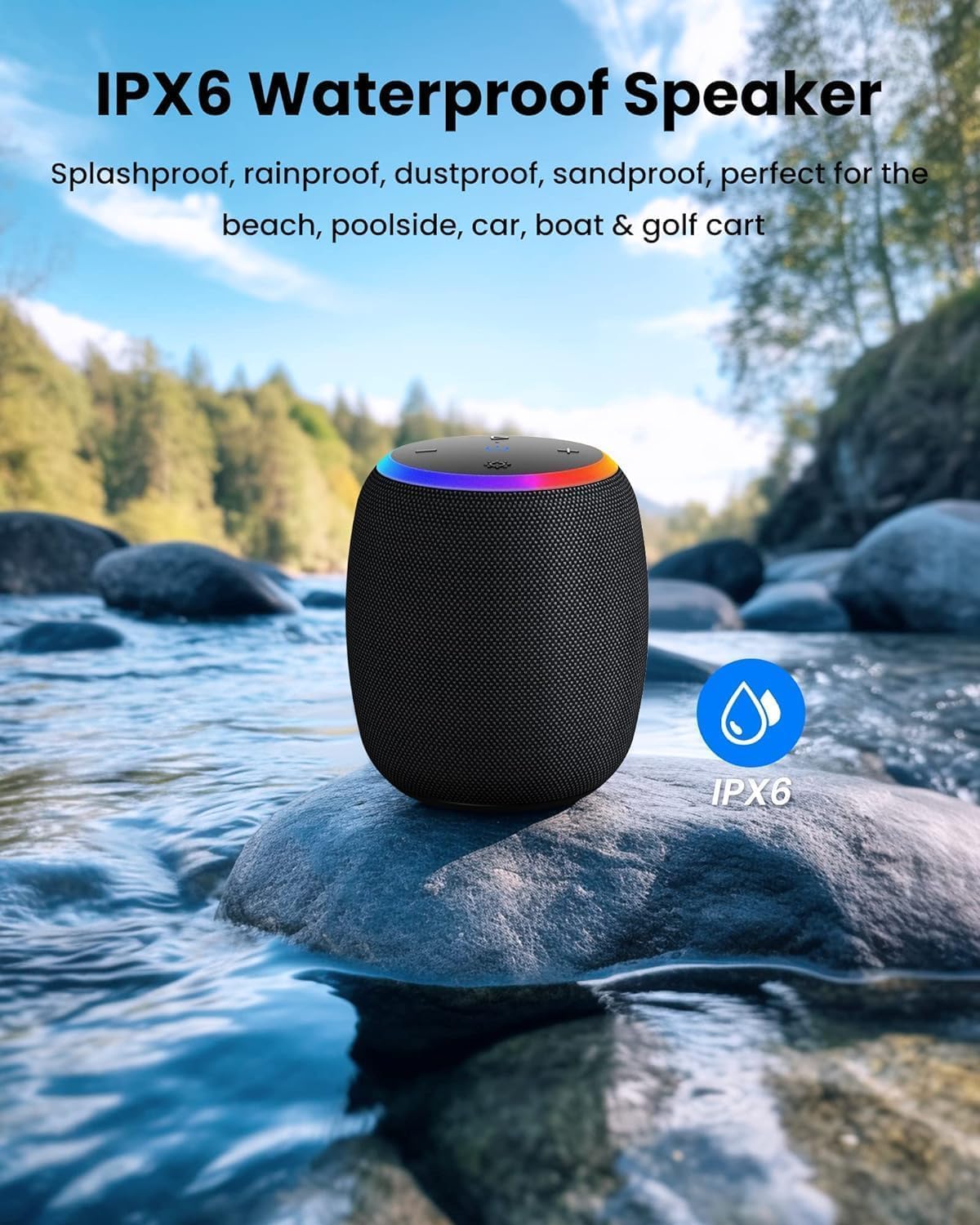 Bluetooth Speaker, Portable Wireless Bluetooth 5.3, 15W Clear Bass, IPX6 Waterproof, LED Lights, AUX/TF/USB, Dual TWS Pairing, 12H Playtime, Small Speakers for Home Outdoor Beach, Ideal Gift