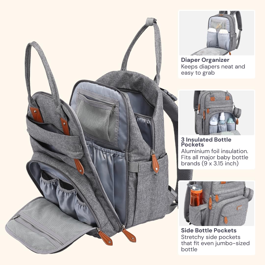 BabbleRoo Diaper Bag Backpack - Baby Essentials Travel Tote - Multi Function Waterproof Diaper Bag, Travel Essentials Baby Bag with Changing Pad, Stroller Straps & Pacifier Case - Unisex, Light Gray