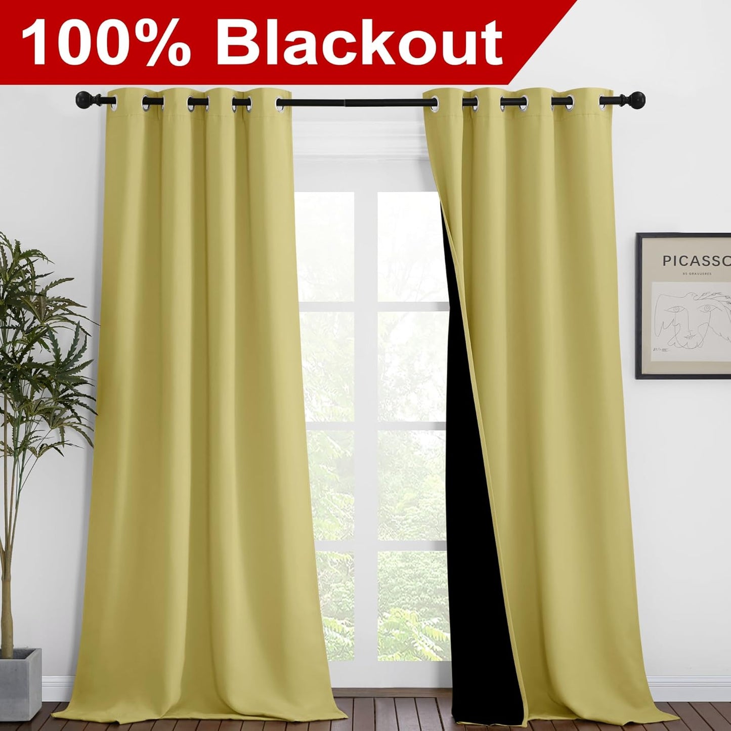 NICETOWN 100% Blackout Blinds, Set of 2, 46 inches x 102 inches, Laundry Room Decor Window Treatment Curtains for Large Patio Sliding Door, Thermal Insulated Paler Yellow Curtains for Bedroom