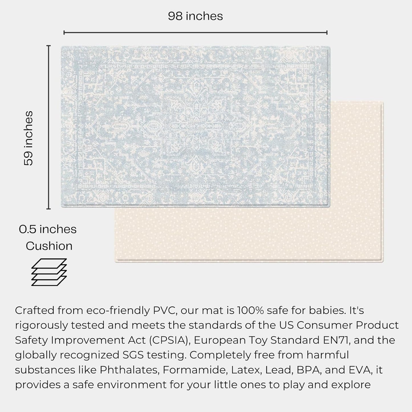 Baby Care Soft Rug (Prestige, Ikat - Inca Blue) 98'' x 59'' Original One-Piece Reversible Rollable Waterproof Play Mat for Infants, Babies, Toddler, and Kids