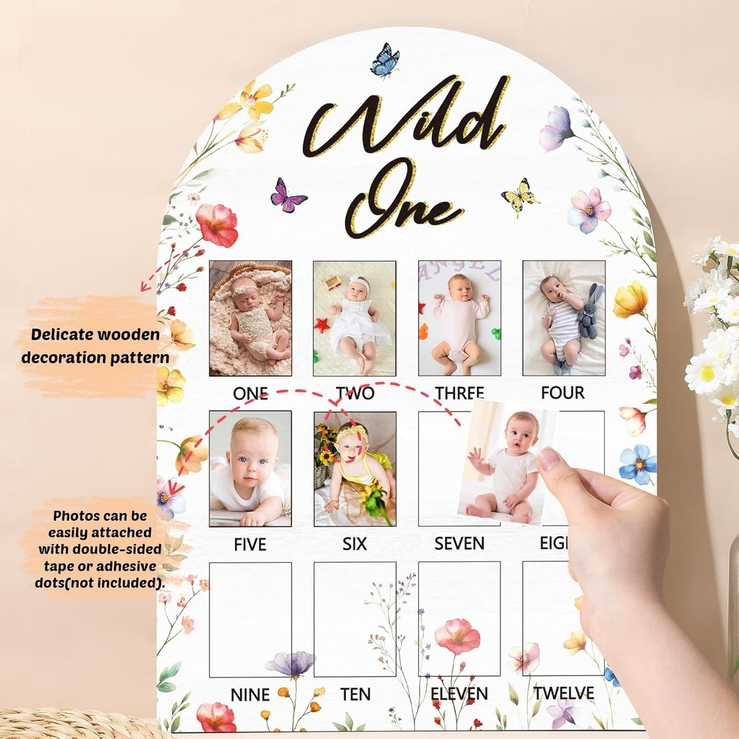 Wildflower First Year Photo Board Wild Flower Birthday Party Wooden Board Decorations 12 Monthly Milestone Picture Frame Wild One 1st Birthday Photo Banner for Baby Girls Keepsake Gift Supply 2x2.8In