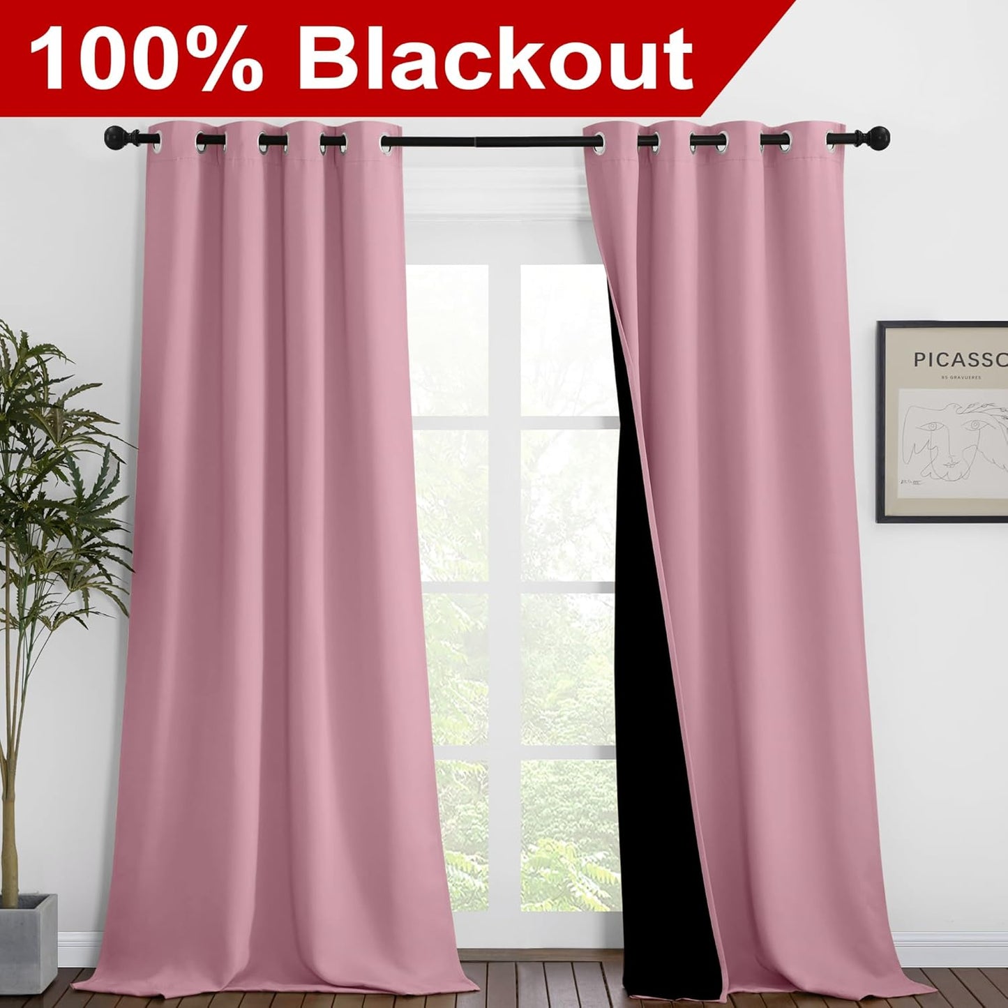 NICETOWN 100% Blackout Blinds, Set of 2, 46 inches x 102 inches, Laundry Room Decor Window Treatment Curtains for Large Patio Sliding Door, Thermal Insulated Crystal Pink Curtains for Bedroom