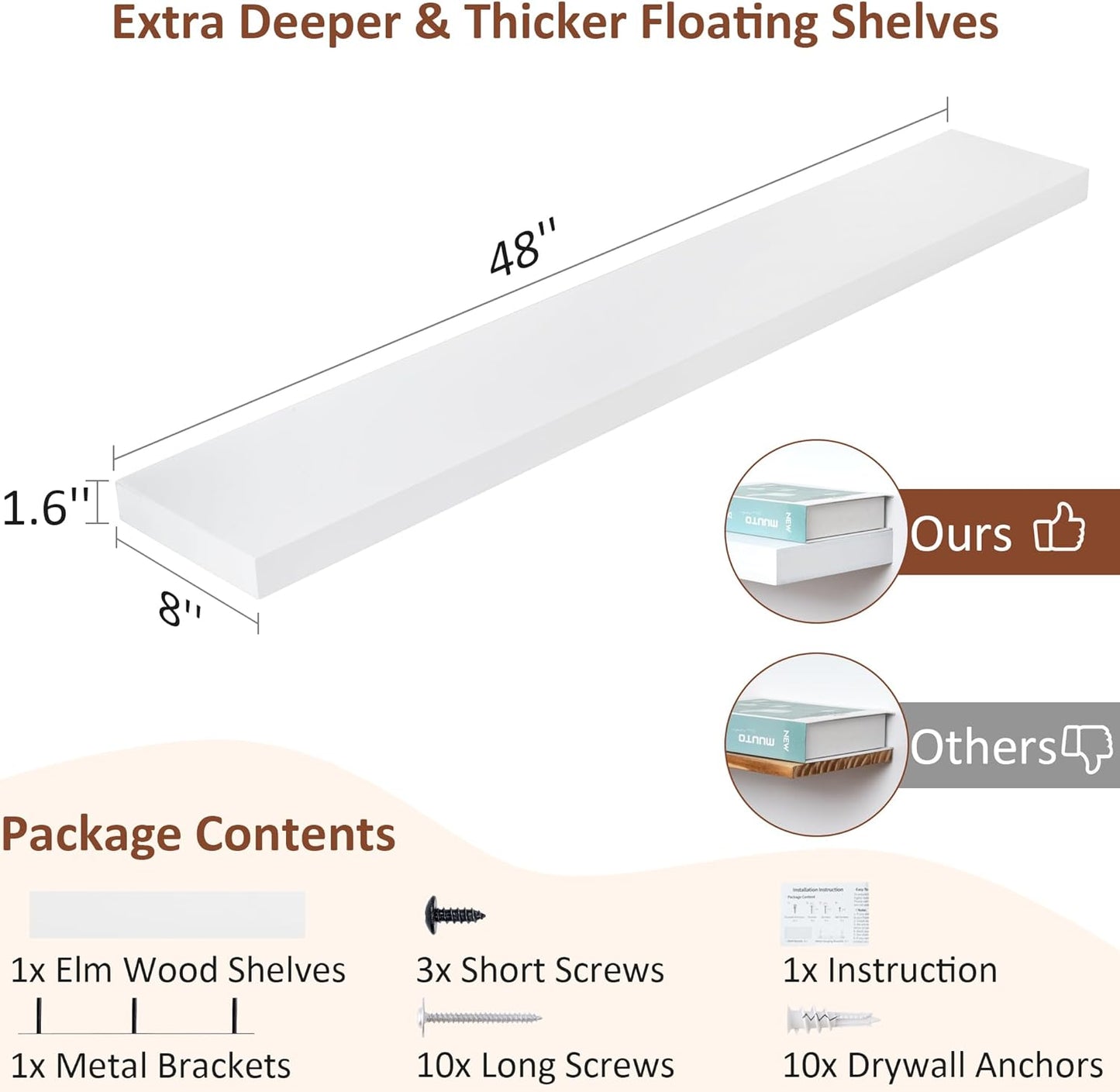 Floating Shelves 48 Inch Long, 8" Deep White Floating Shelf Wall Mounted, Deep & Thick Wall Shelf for Fireplace Mantel, Large Display Storage Shelving for Books, Living Room, Bedroom, Set of 1