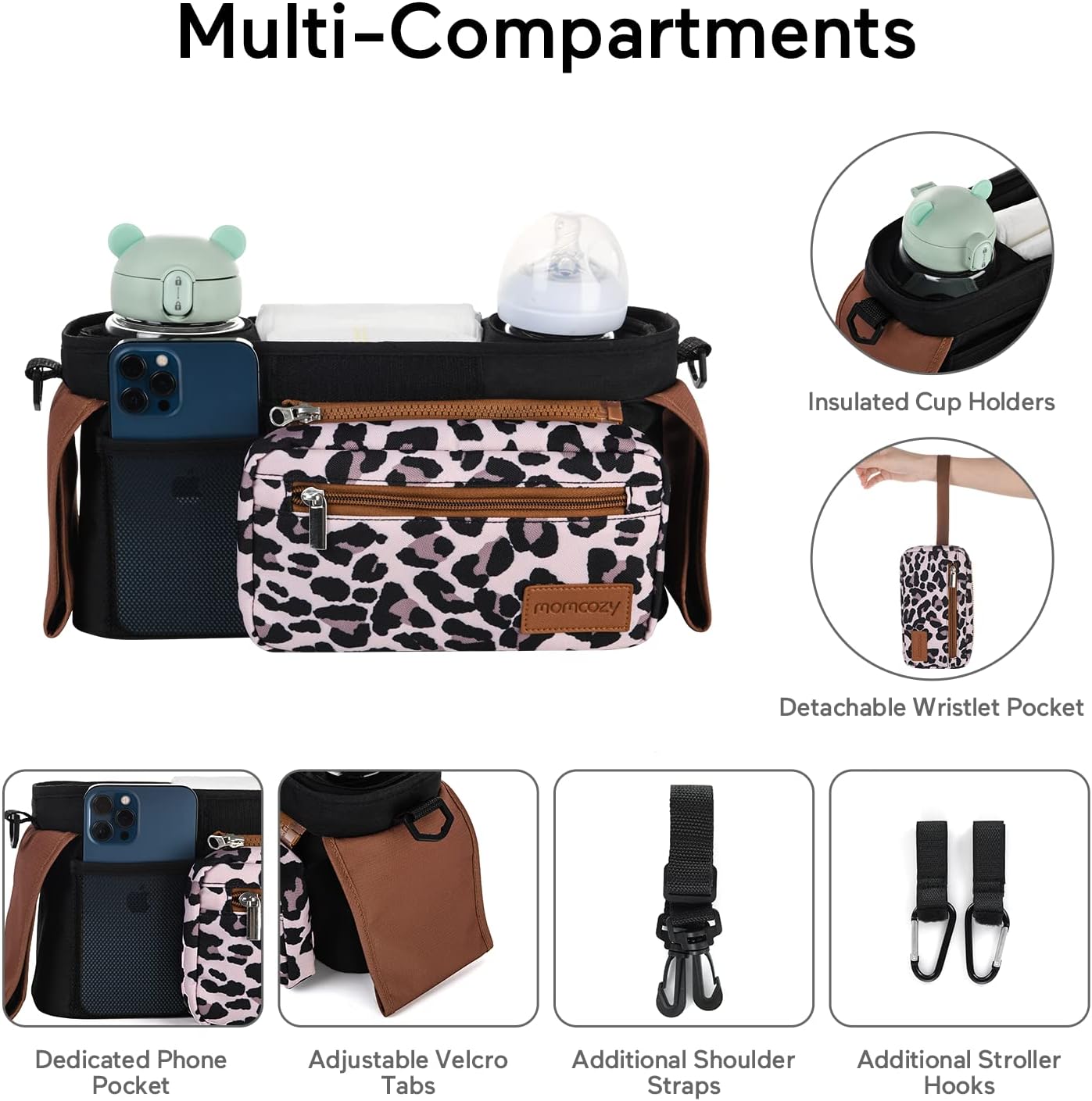 Momcozy Universal Stroller Organizer with Insulated Cup Holder Detachable Phone Bag & Shoulder Strap, Fits for Stroller like Uppababy, Baby Jogger, Britax, BOB, Umbrella and Pet Stroller