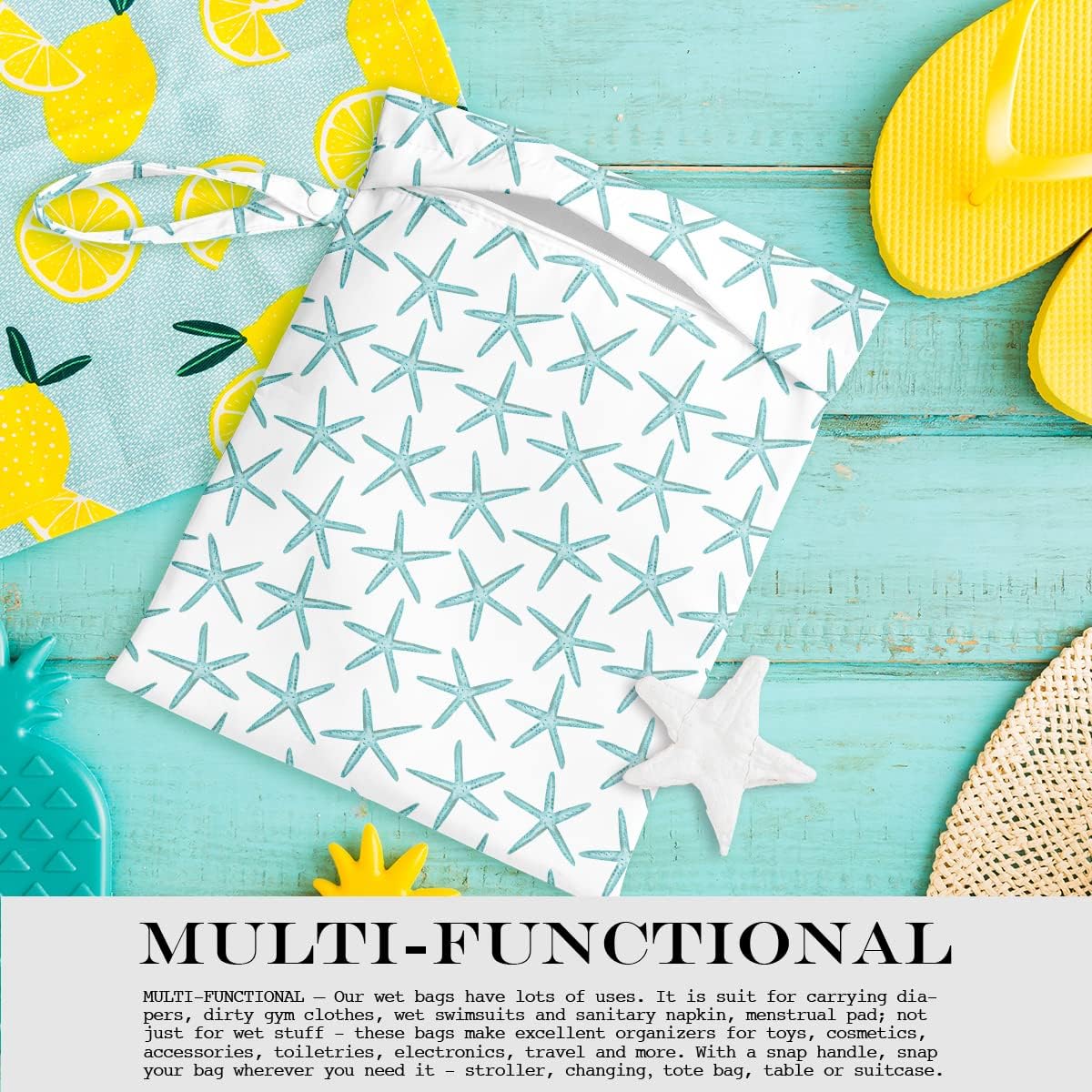 Wet Bag, Wet Dry Bag, Wet Bag for Swimsuit, Travel, Beach, Pool, Diapers, Dirty Yoga Gym Clothes, Makeup Bag, Waterproof Reusable Beach Bag Ocean Decor Starfish Sea Horse Anchor