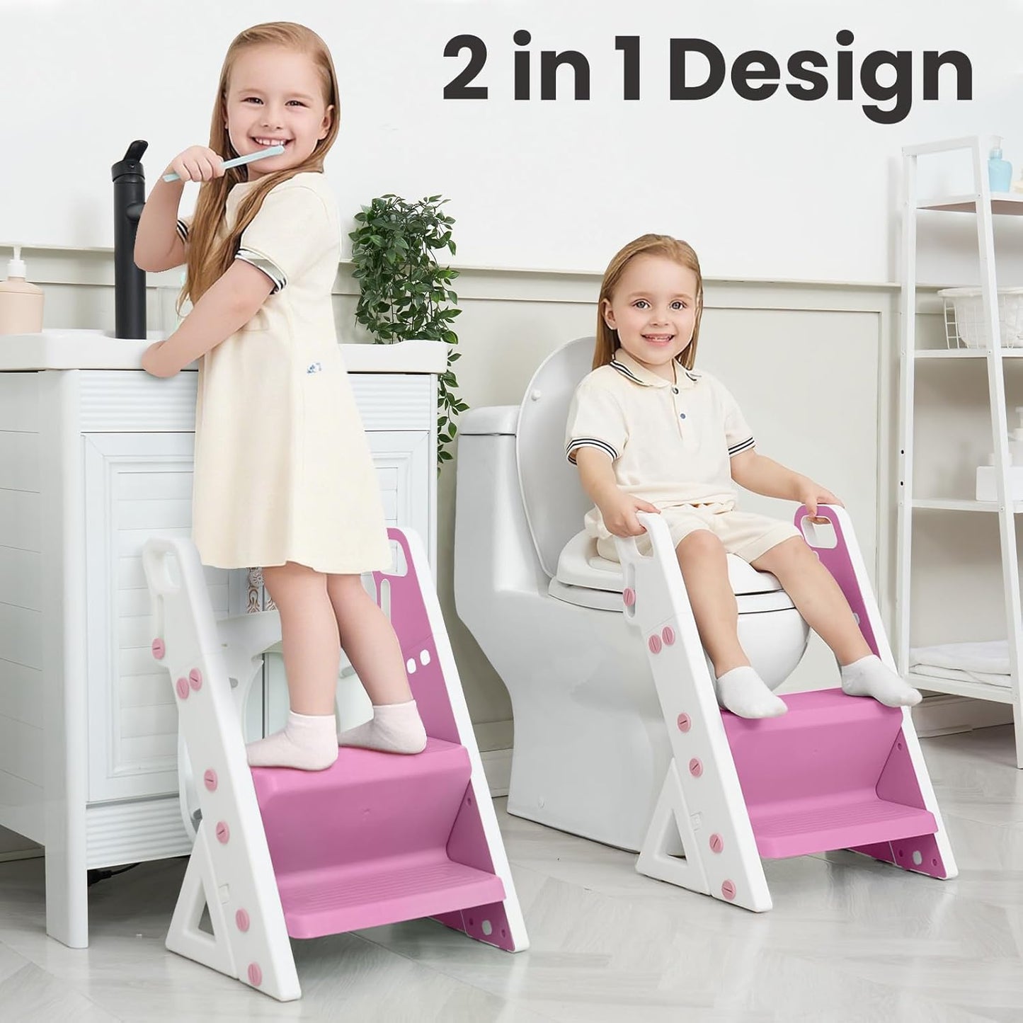 Primlect Space-Saving Potty Training Seat with Ladder, Adjustable Step and Toilet Seat Height, Top Handles for Easy Climbing, Easy to Carry, Portable Toddler Toilet Trainer for Small Bathrooms