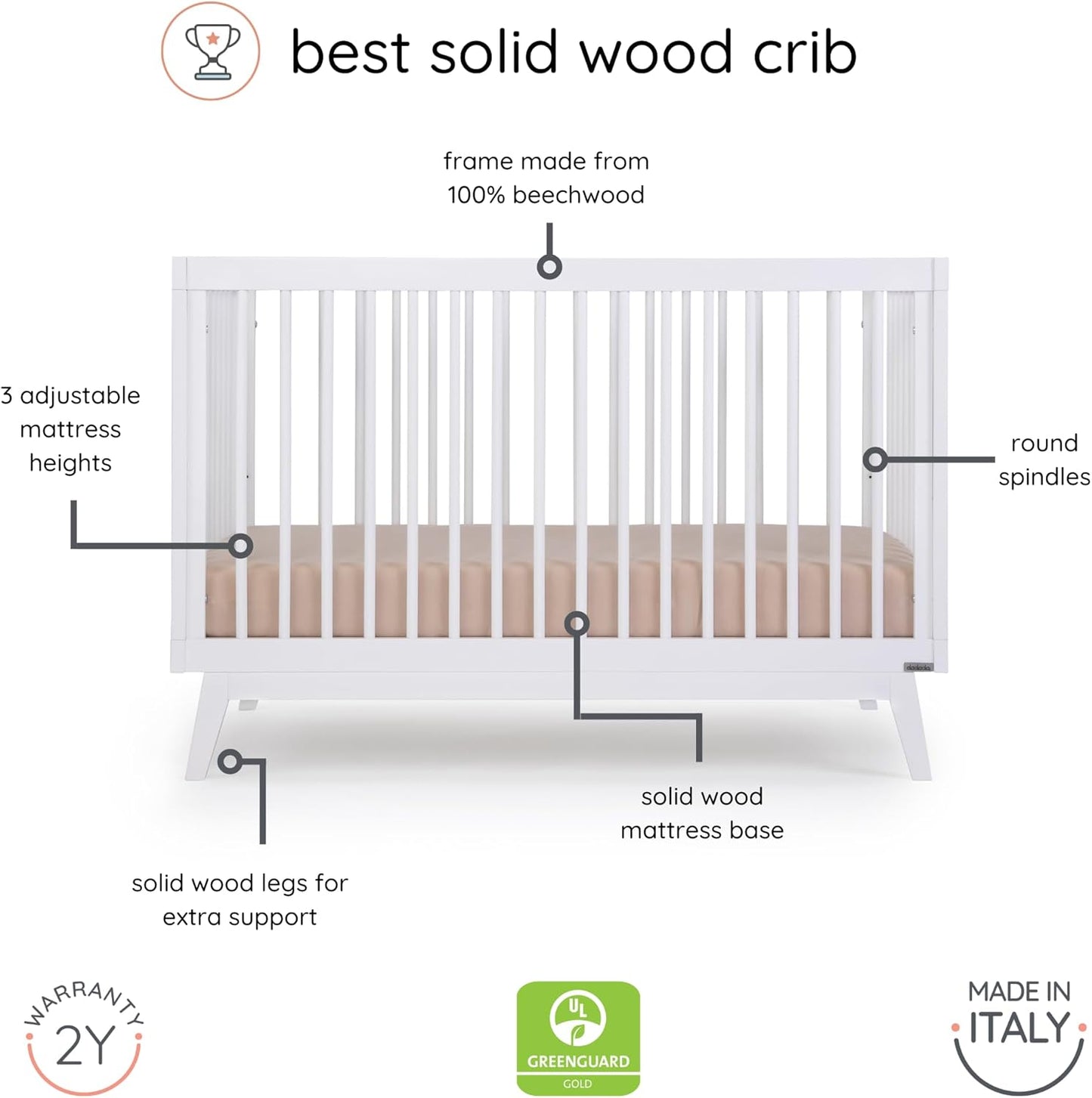 dadada Baby Soho 3-in-1 Convertible Wooden Crib to Toddler Bed - Made in Italy, GREENGUARD Gold Certified, Baby-Safe Finish, Sustainable Beech Wood, Modern Design, 3 Adjustable Heights (White)