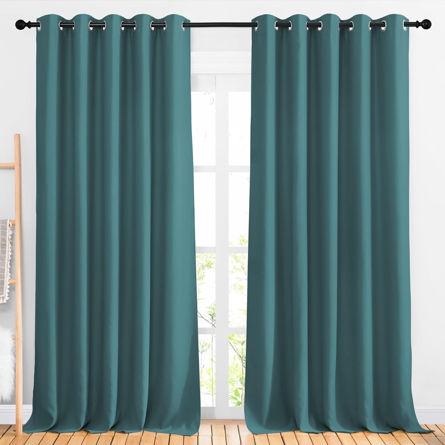 NICETOWN Bedroom Blackout 110 inch Curtains for Sliding Glass Door, Grommet Thermal Insulated Solid Window Treatments Sound Reducing for Living Room, W66 x L110, Sea Teal, Set of 2