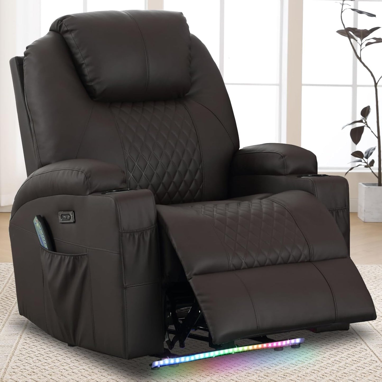 Power Recliner Chair with Heat and Massage for Adults - Home Theater Seating with LED Lights,Cup Holders,Side Pocket,USB Port - Recliner Sofa for Living Room(Brown, Single Recliner)