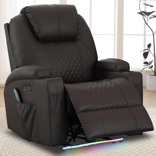 Power Recliner Chair with Heat and Massage for Adults - Home Theater Seating with LED Lights,Cup Holders,Side Pocket,USB Port - Recliner Sofa for Living Room(Brown, Single Recliner)