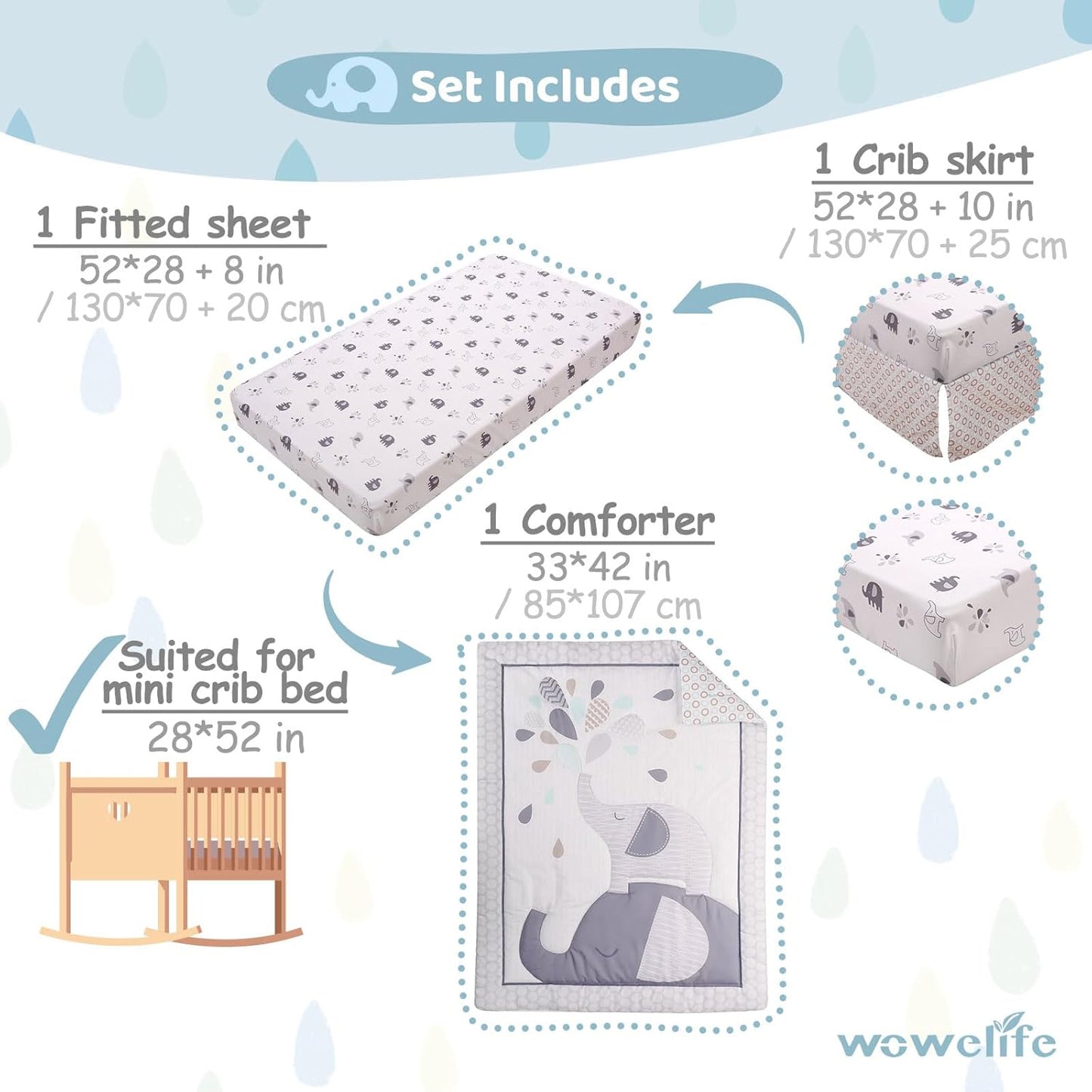 Wowelife Elephant Crib Bedding Set for Boys, Premium 3-Piece Baby Bedding Set, Elephant, Gray Crib Bed Sets, Newborn, Infant, Nursery Bed Set with Crib Sheet, Ruffle Comforter