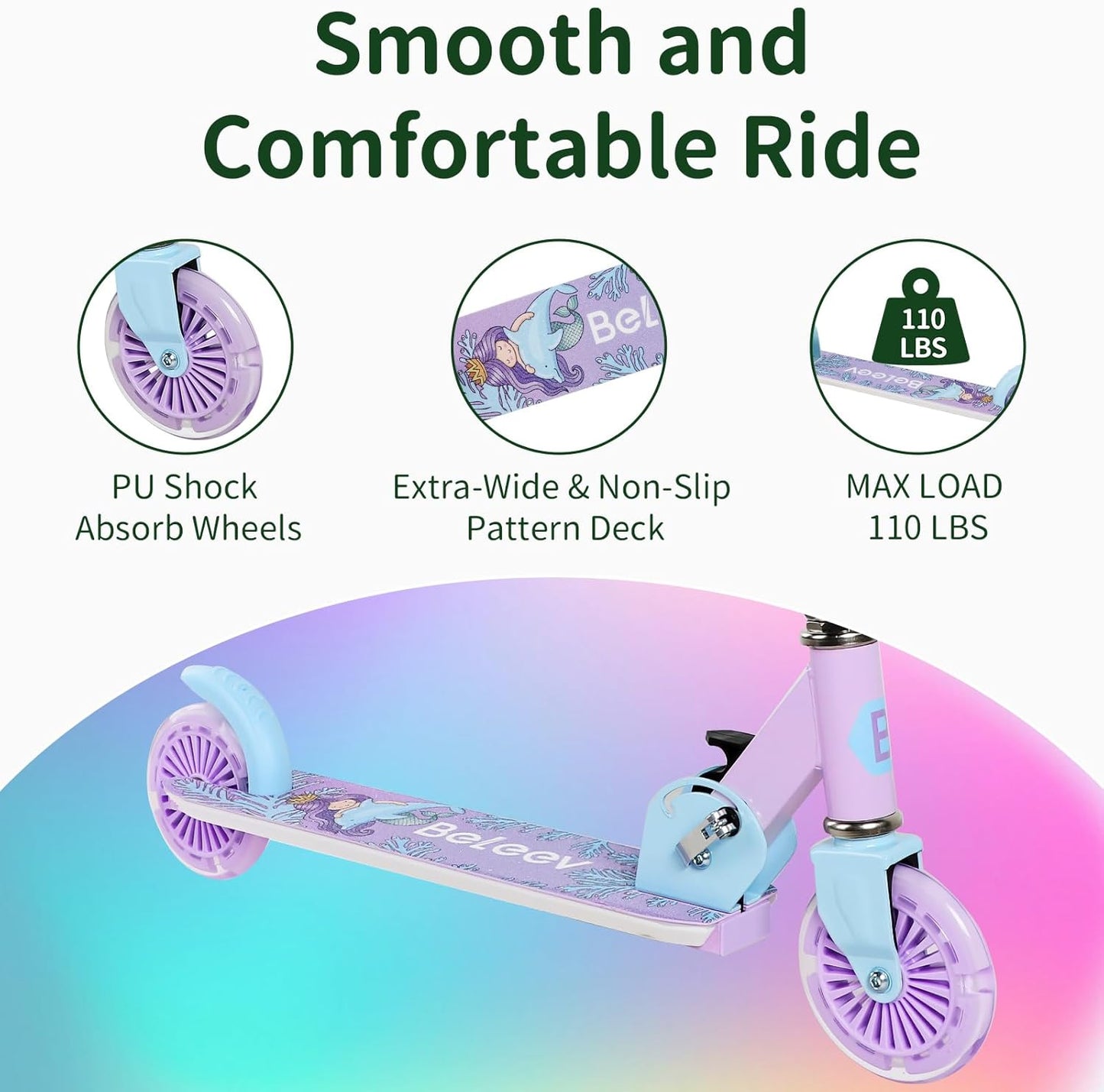 BELEEV V2 Scooters for Kids with Light-Up Wheels & Stem & Deck, 2 Wheel Folding Scooter for Girls Boys, 3 Adjustable Height, Non-Slip Pattern Deck, Lightweight Kick Scooter for Children Ages 3-12
