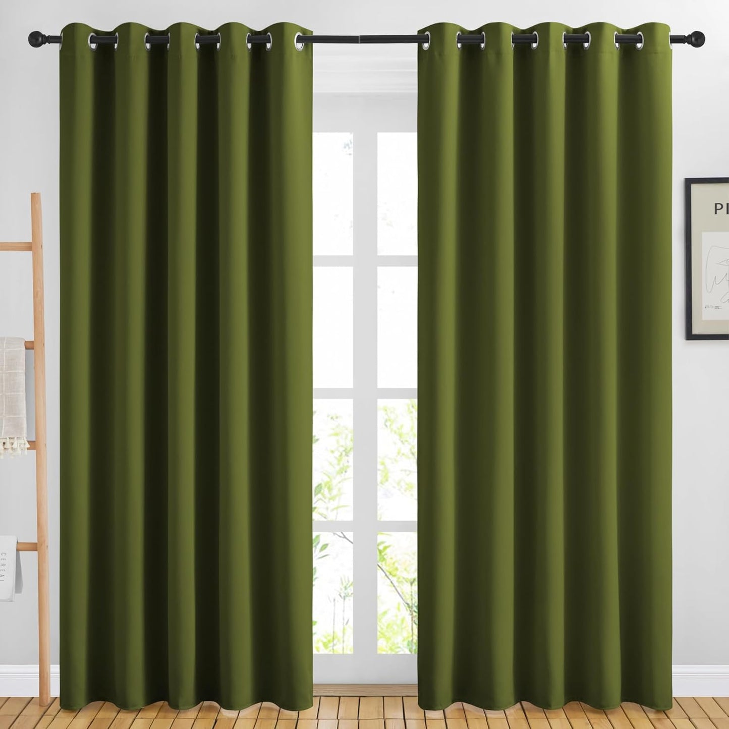 NICETOWN Room Darkening Curtains 84 inch Length 2 Panels Set - 3 Pass Microfiber Noise Reducing Thermal Insulated Solid Ring Top Curtains & Drapes for Living Room (66 x 84 Inch, Olive)