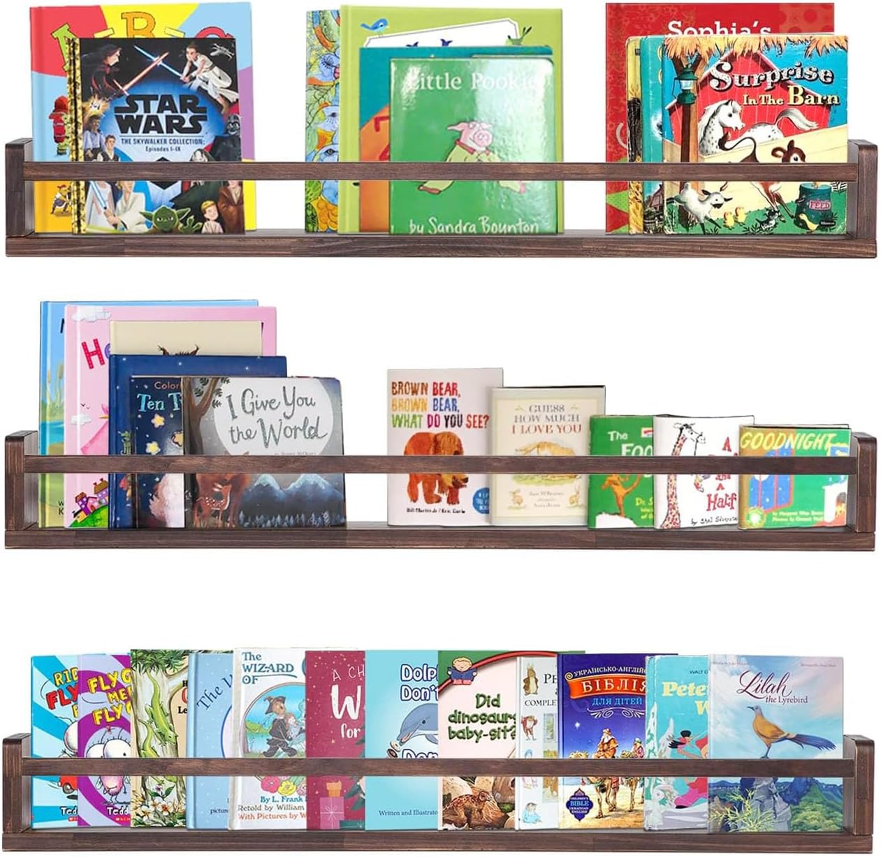 AZSKY Nursery Book Shelves Deep Walnut Wall Mount Floating Book Shelf for Bedroom Wooden Wall Book Shelf Children Kids Toddler Wall Bookshelf 36 Inch a Set of 3 Same Sizes