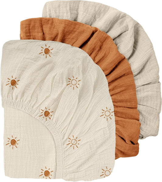 Gllquen Baby Muslin Mini Crib Sheets 3 Pack, Breathable Pack and Play Sheets Fitted Soft Cozy Cotton Pack N Play Sheets for Baby Boy Girls, Universal Fitted Mini Crib Mattresses 38"x26" (Yellow)