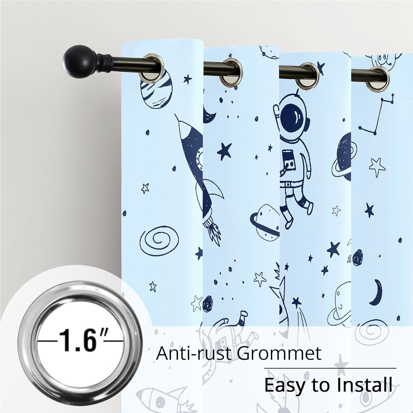 Kids Space Rocket and Astronaut Blackout Curtains - 100% Blackout, Thermal Insulated, Noise Reducing, Perfect for Kids Room and Nursery, 2 Panels (Sky-Blue Space Doodles, W52×L63)