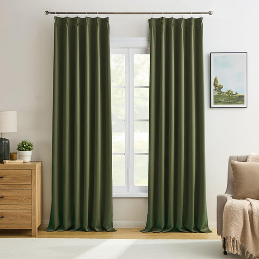 KEQIAOSUOCAI Olive Pinch Pleated Curtains 120 Inches Long, Blackout Dark Out Curtain for Living Dining Room Light Blocking Window Draperies(Dark Olive,40x120,2 Panels)