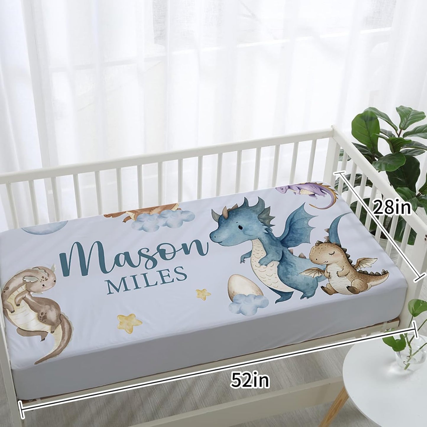 Personalized Baby Crib Bedding Set for Baby Boys Girls, Blue Dinosaur Design Custom Name Baby Crib Sets 5-Pcs, Toddler Double Layer Blanket Fitted Sheets Changing Pad Cover Rug Wall Art Set