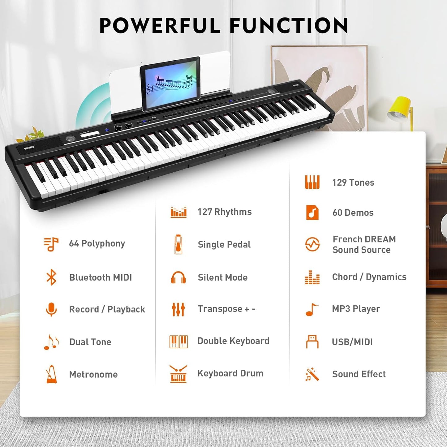 88 Key Piano Keyboard for Beginners, Full-Size Semi Weighted Digital Piano with 3-Pedal Unit, Removable Music Stand, LED Display Screen, Compact Design and MIDI Connection (Black-1)