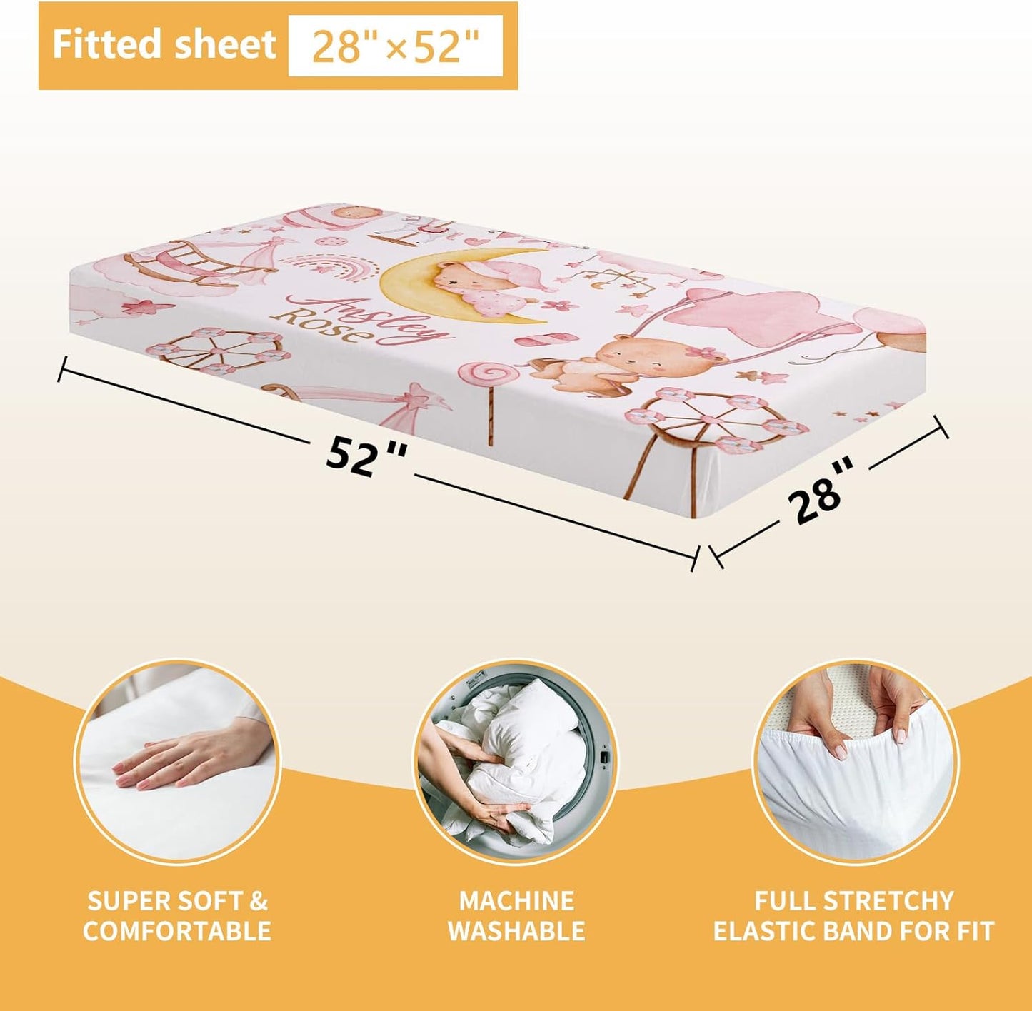 Custom Crib Bedding Set, 5 Pcs Customized Baby Crib Set with Name, Soft Double Layer Nursery Baby Bedding Set for Girls Boys, Personalized for Infants Toddlers, Pink Moon Bear