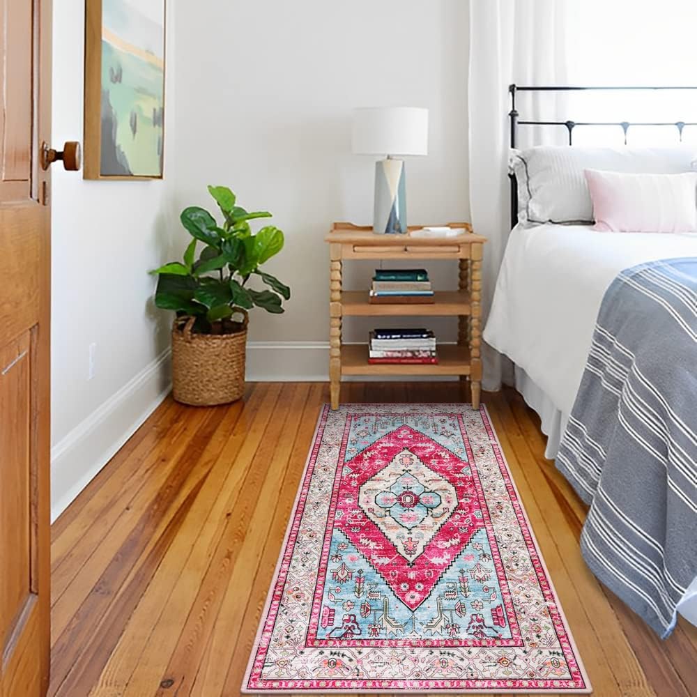 Lahome Boho Round Rug - 4Ft Washable Area Rug, Non-Slip Small Bathroom Rug, Lightweight Bedroom Throw, Oriental Distressed Print Carpet for Entryway, Sofa, Nursery, Kids Room