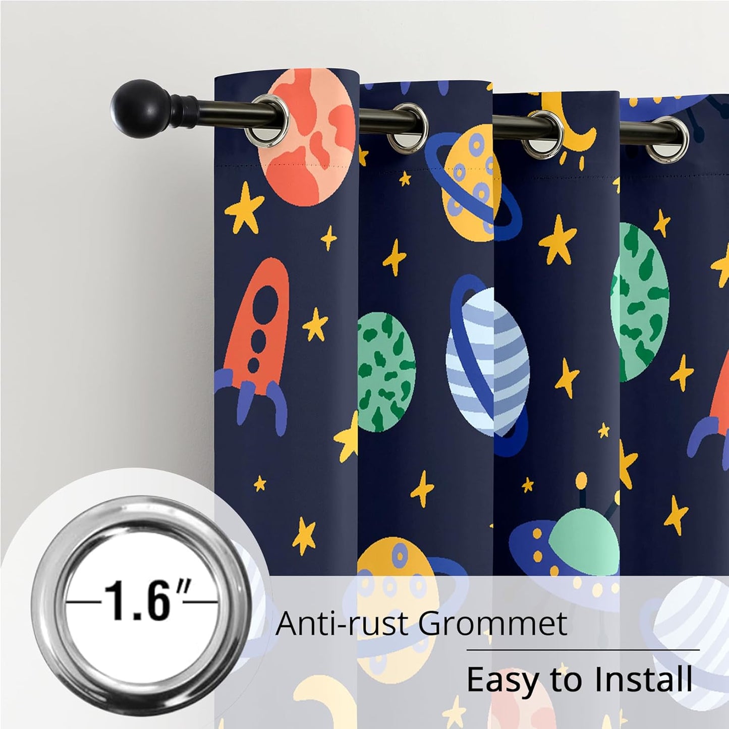 Kids Space Rockets Blackout Curtains - 100% Blackout, Thermal Insulated, Noise Reducing, Perfect for Kids Room and Nursery, 2 Panels (Color Pop Rockets, W52×L84)