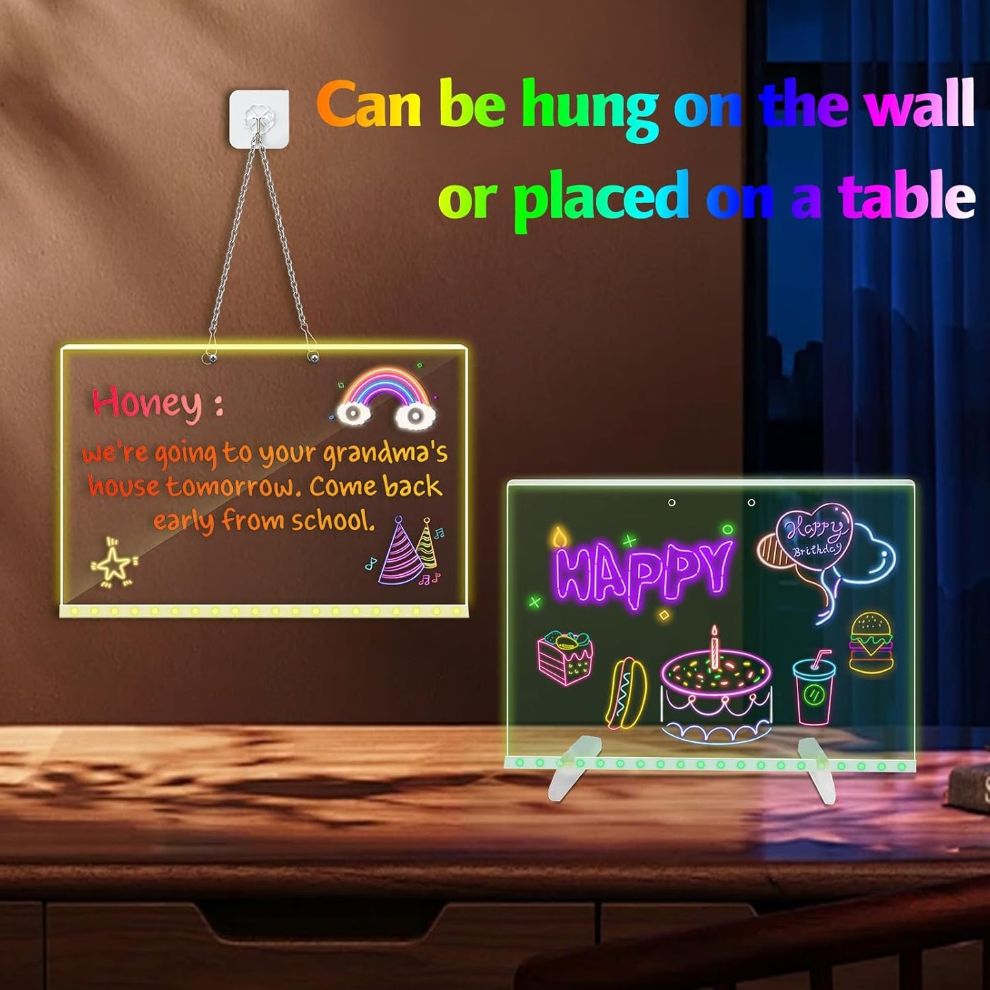 LED Note Board with Colors, 13.8"X10" 4 Modes & 7 Colors Led Acrylic Message Board with Light, Light up Acrylic Dry Erase Board, Led Drawing Board with Stand, Hanging Chain, 7 Markers, Spray Bottle