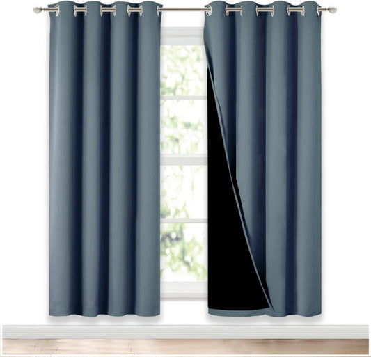 NICETOWN 100% Blackout Window Curtain Panels, Smoky Blue, 2 Pieces, 52-inch Wide Per Panel, Full Light Blocking Drapes with Black Liner for Nursery, 72-inch Drop Thermal Insulated Draperies