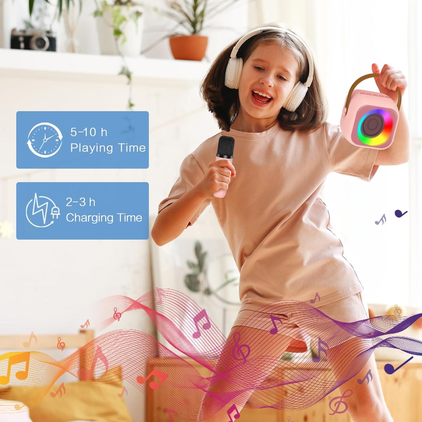 Mini Karaoke Machine for Kids Girls, Kids Karaoke Machine with 2 Wireless Microphones and LED Lights Toys for Christmas Birthday Party, Gifts for 4 5 6 7 8 9 10 11 12 Years