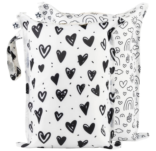 Tiny Twinkle Mess-Proof Waterproof Wet Dry Bag | 2-Pack Reusable Wet Bags for Swimsuits & Baby Clothes | Leakproof Wet Bag for Travel & Diaper Changes for Baby (Black, White)