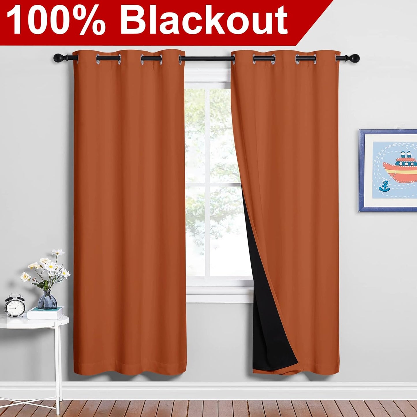 NICETOWN Full Shade Curtain Panels, 37" Wide x 70" Long, Burnt Orange, Pair of Thermal Insulated & Energy Efficiency Blackout Drapes for Living Room, Lined Silky Performance Window Dressing