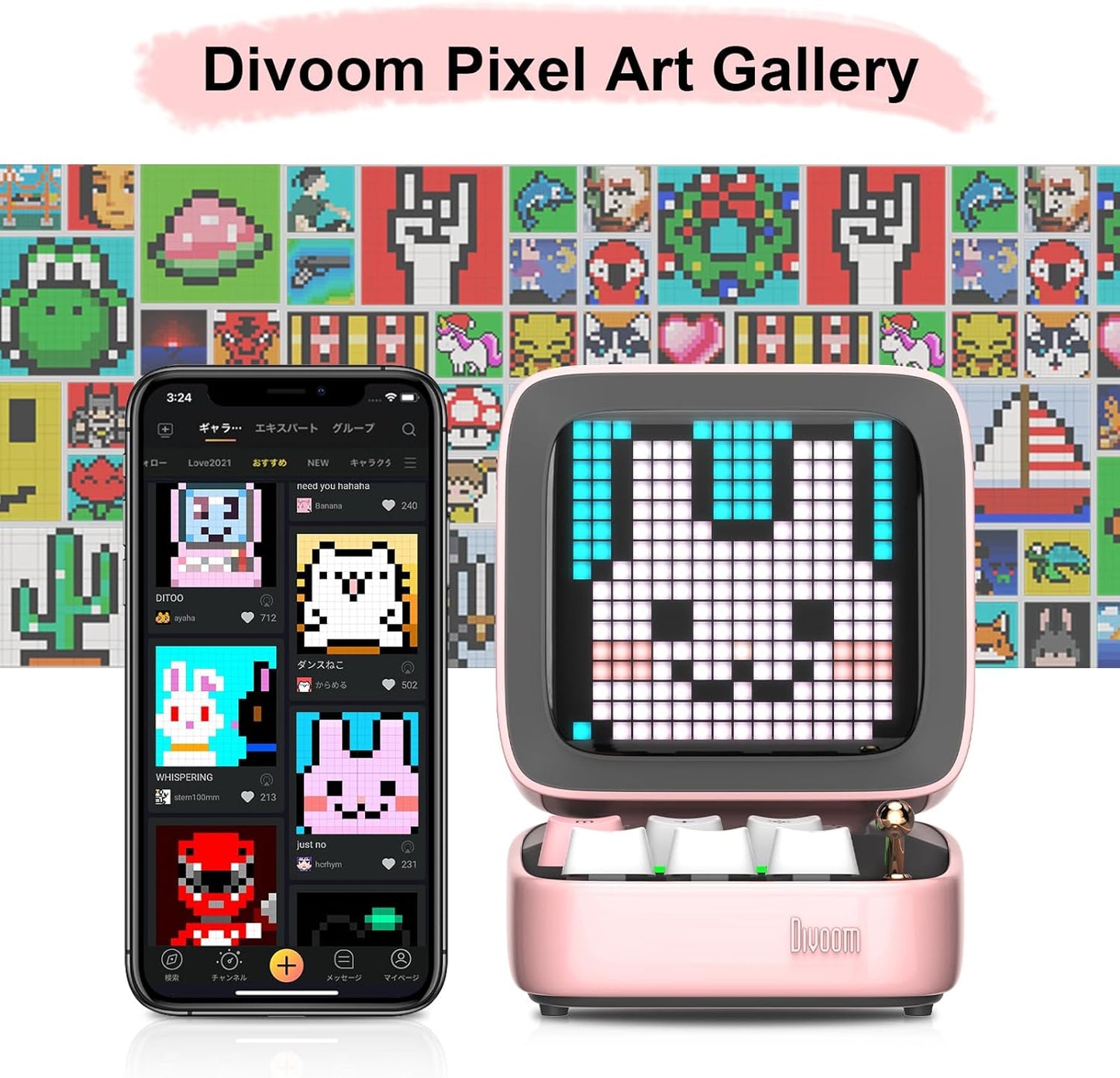 Divoom Ditoo Retro Pixel Art Game Bluetooth Speaker with 16X16 LED App Controlled Front Screen (Pink)