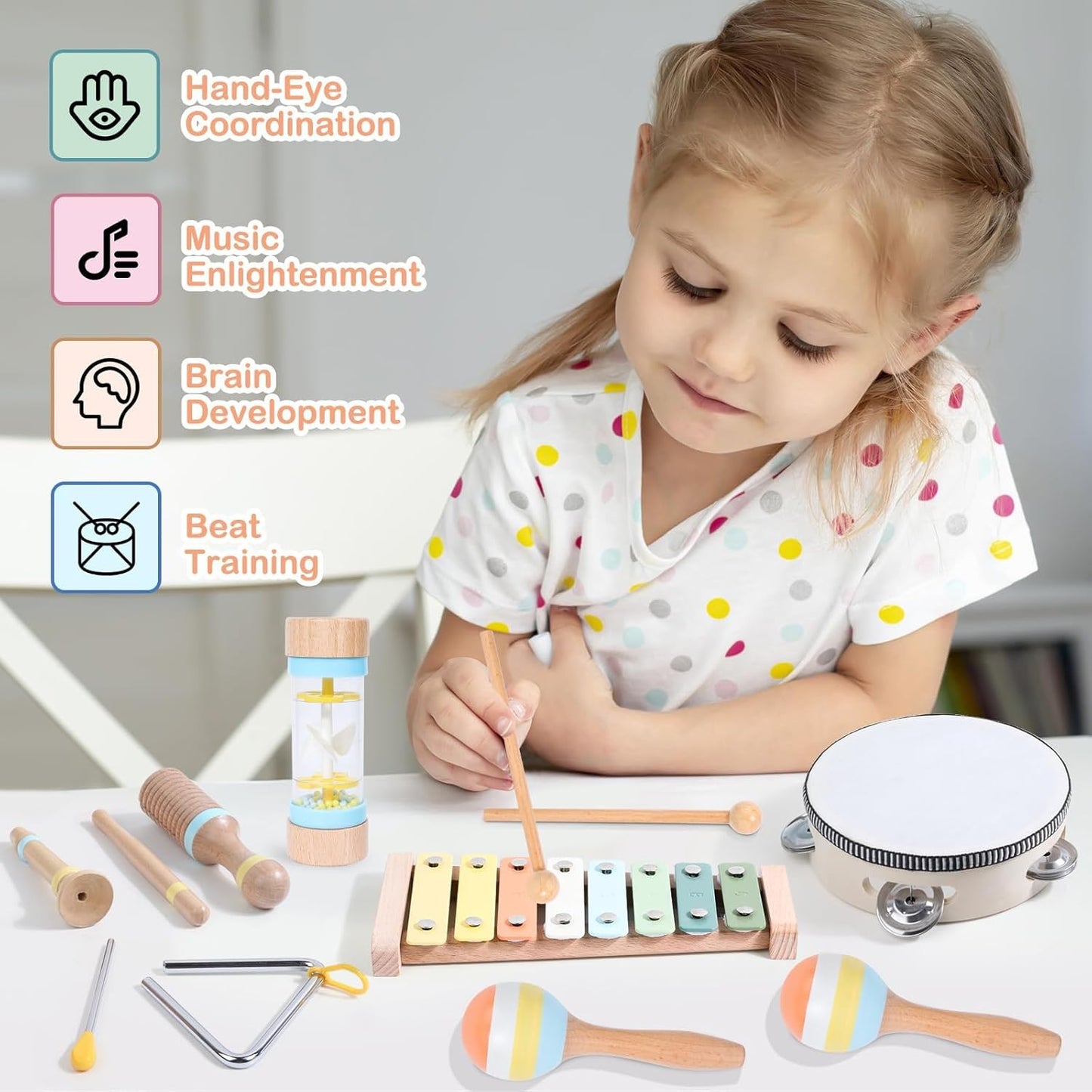 Wooden Musical Instruments Set for Toddlers 1-3, Baby Kids Montessori Toys Neutral Colors Percussion Set Preschool Educational Xylophone Music Toys for 2 3 4 Year Old Baby Girls Boys Birthday Gifts
