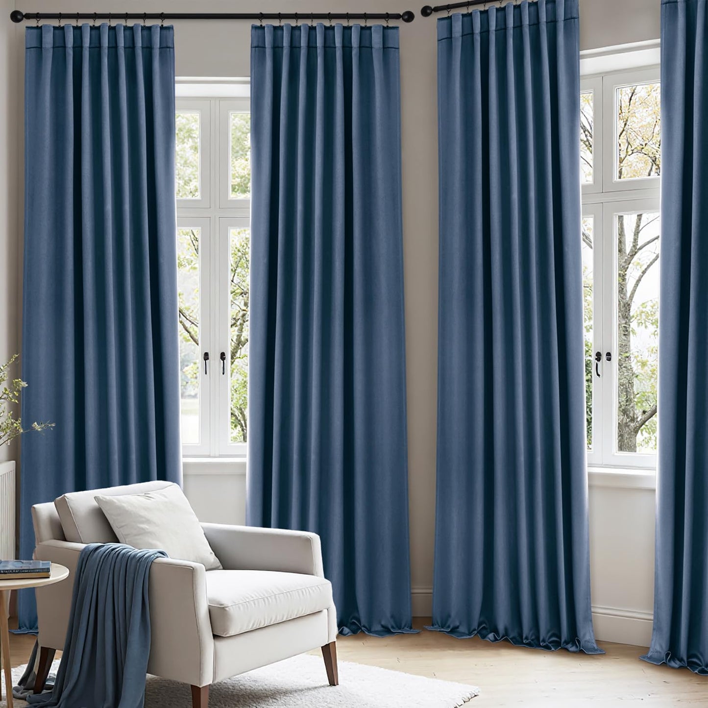 ANRODUO Back Tab Blackout Curtains for Bedroom Living Room, Rod Pocket Pinch Pleated Thermal Insulated Room Darkening Curtains 90 Inches Long 2 Panels, Stone Blue, 42 x 90 Inch