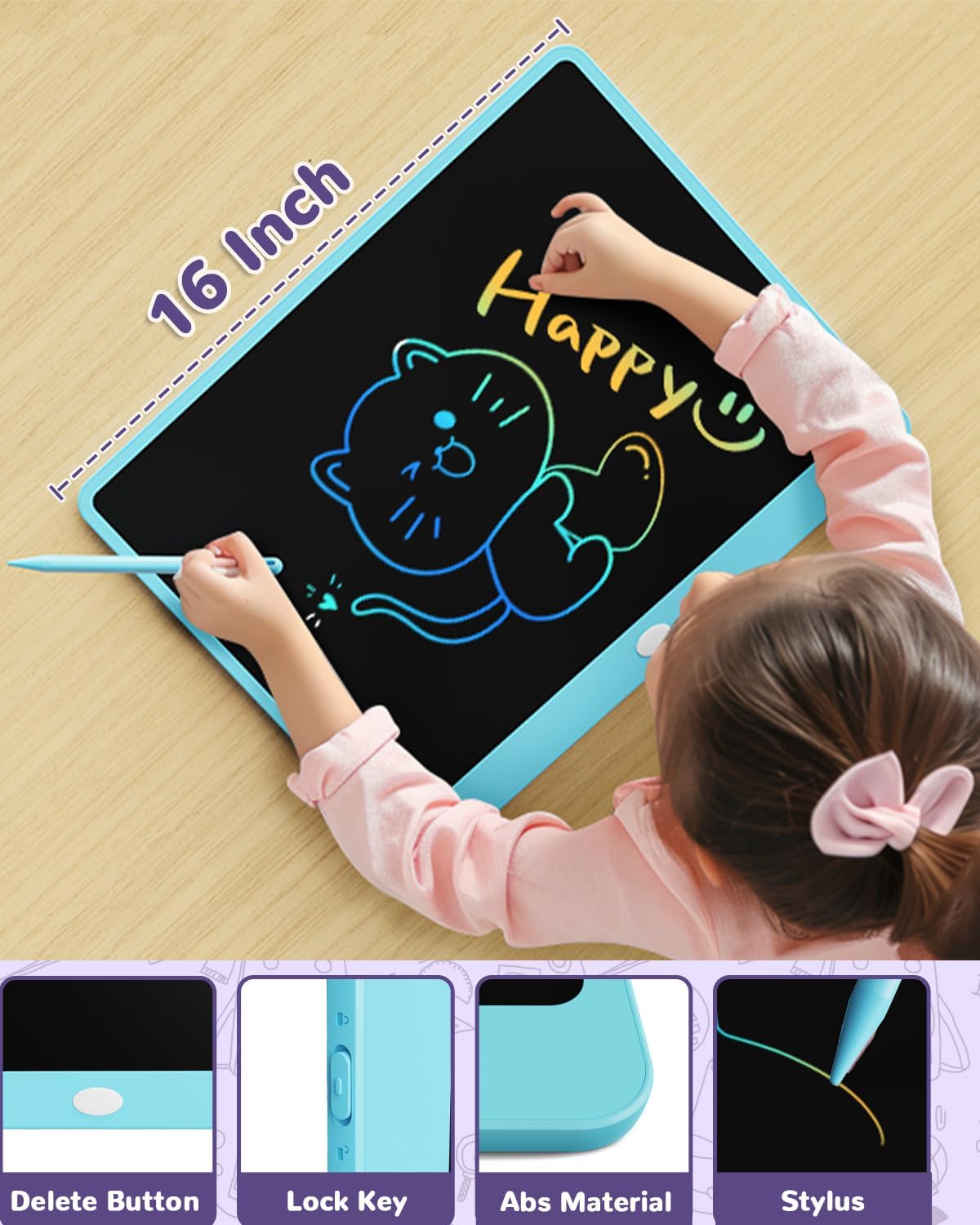 ORSEN LCD Writing Tablet 16 inch - Kids Doodle Board Colorful Drawing Pad Toys for Ages 3-12 Girls Boys Toddler Birthday Gifts, Blue