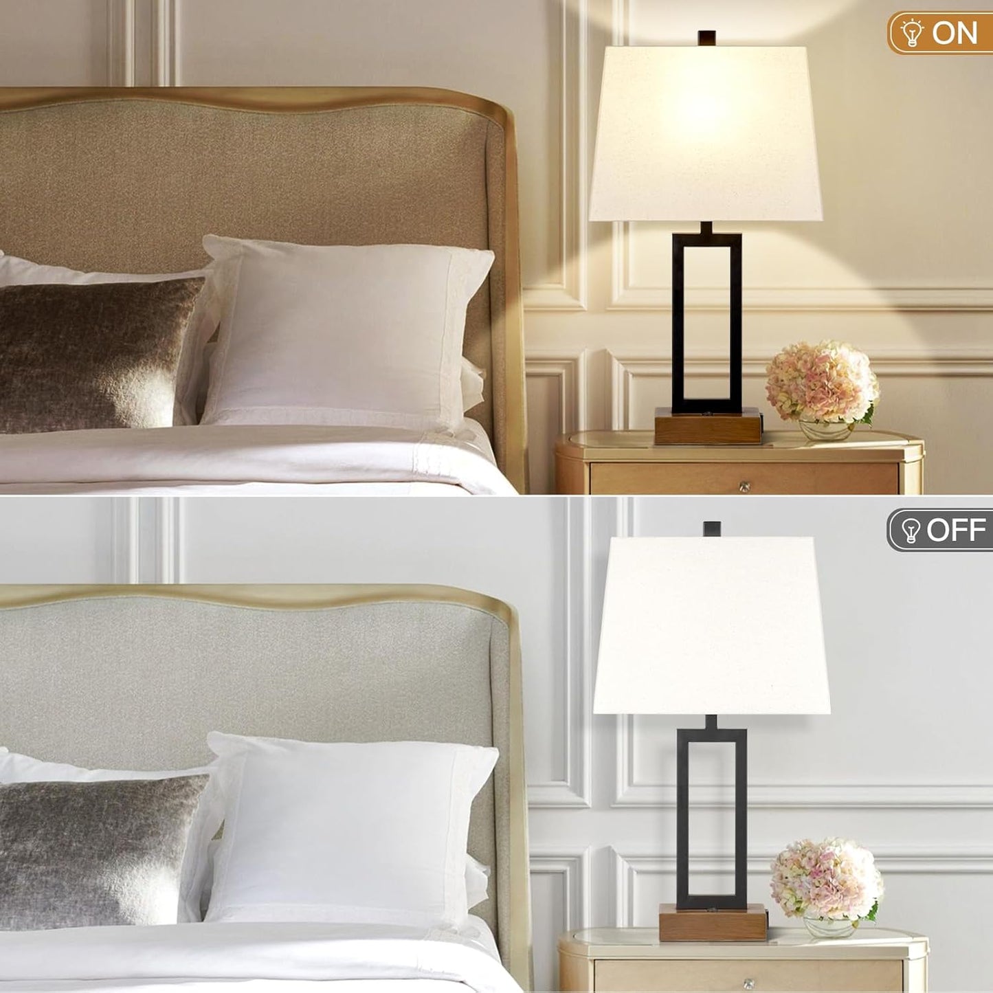 Table Lamp for Bedroom Set of 2 with 2 USB Ports and AC Power Outlet, 23.5" Modern Bedside Lamp, Wood Nightstand Lamp with Linen Shade for Living Room Hotel Desk(LED Bulb Included)