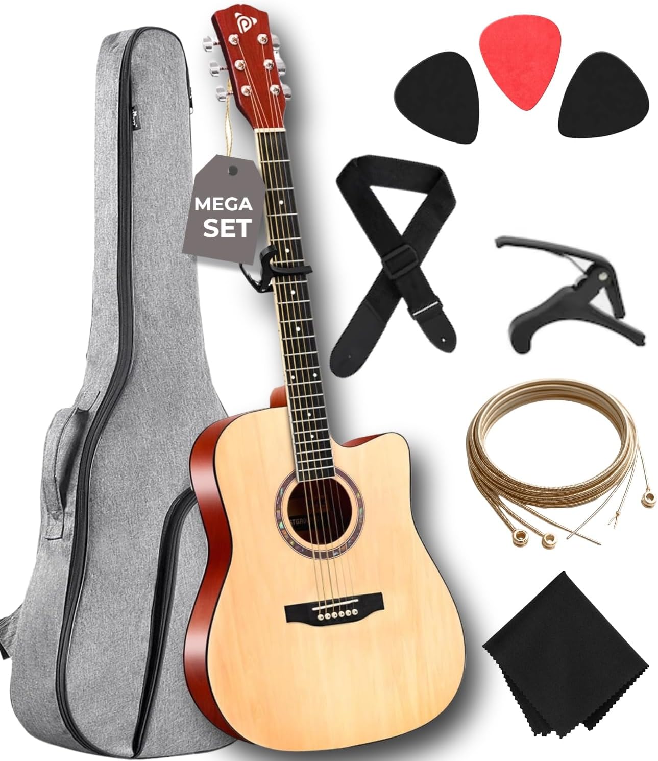 Pyle 41" Acoustic Guitar Standard Full Size 6 String Dreadnought, Matte Finish with Gig Bag, Steel Strings, Picks, Strap, Capo - PGA480NT.X9
