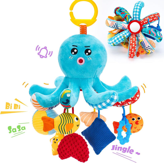 hahaland Baby Toys 0-6 Months - Car Seat Toys Octopus Toy with Pulling Cords, Squeaky, Crinkle, Rattle, Mirror, Montessori Newborn Sensory 4 Month Babies Gift Stroller Carseat Hanging Toy for Baby Gym