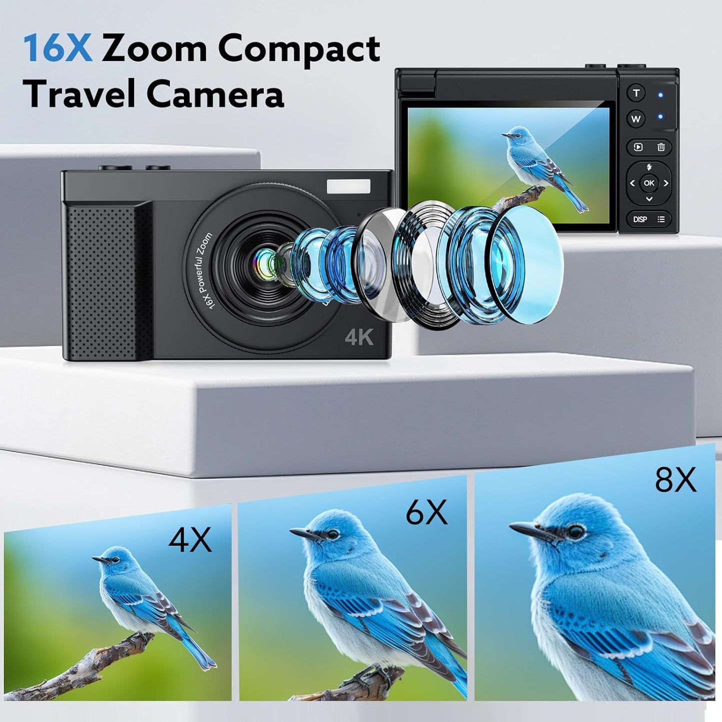 4K Digital Camera,64MP Camera for Photography with 3" 180° Flip Screen,16X Vlogging Camera for YouTube with 64GB Micro SD Card for Beginner, Teens