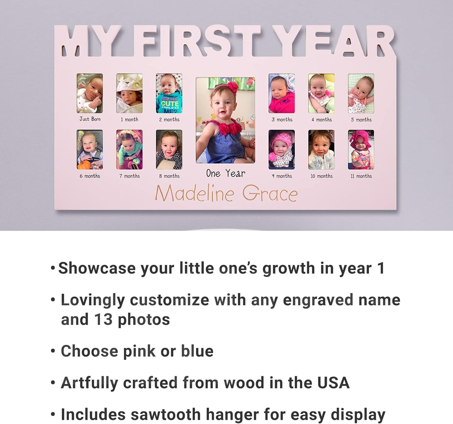 Let's Make Memories Personalized Baby's First 12 Months Photo Frame- New Parents- Newborn- Nursery - Pink