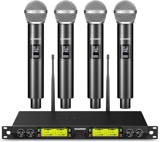 Aokeo Wireless Microphones System, 4 Channel UHF Wireless Mics,with 4 Handheld Dynamic Microphones,Metal Receiver for Karaoke,Singing,Wedding,Party,Speech,Church