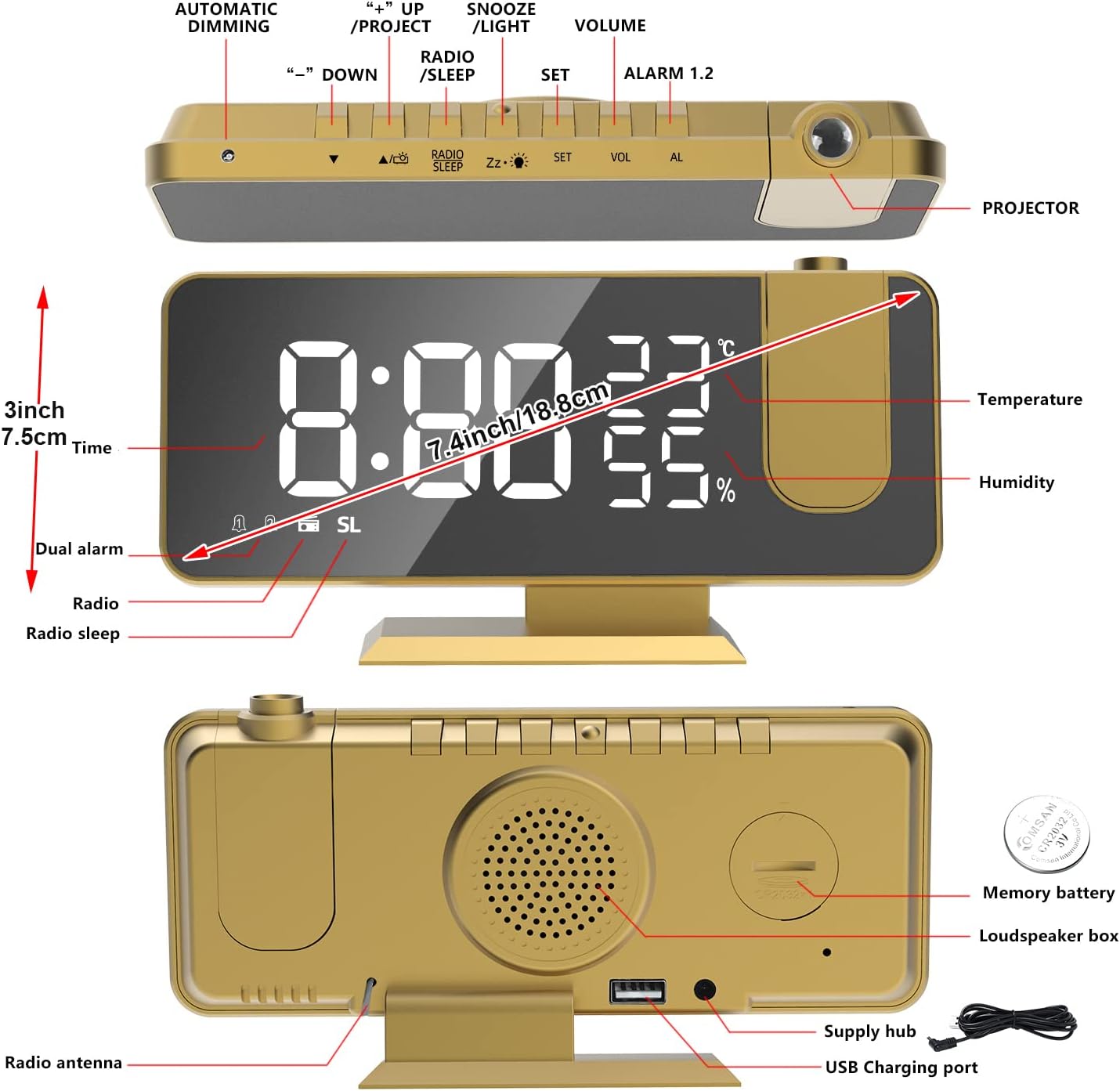 Projection Digital Alarm Clock for Bedrooms, Alarm Clock Radio on Ceiling, USB Charger Port, Temperature & Humidity Display, 7.3” Large Mirror LED Display,12/24H,Snooze,Dual Loud Clock- 4 Dimmer