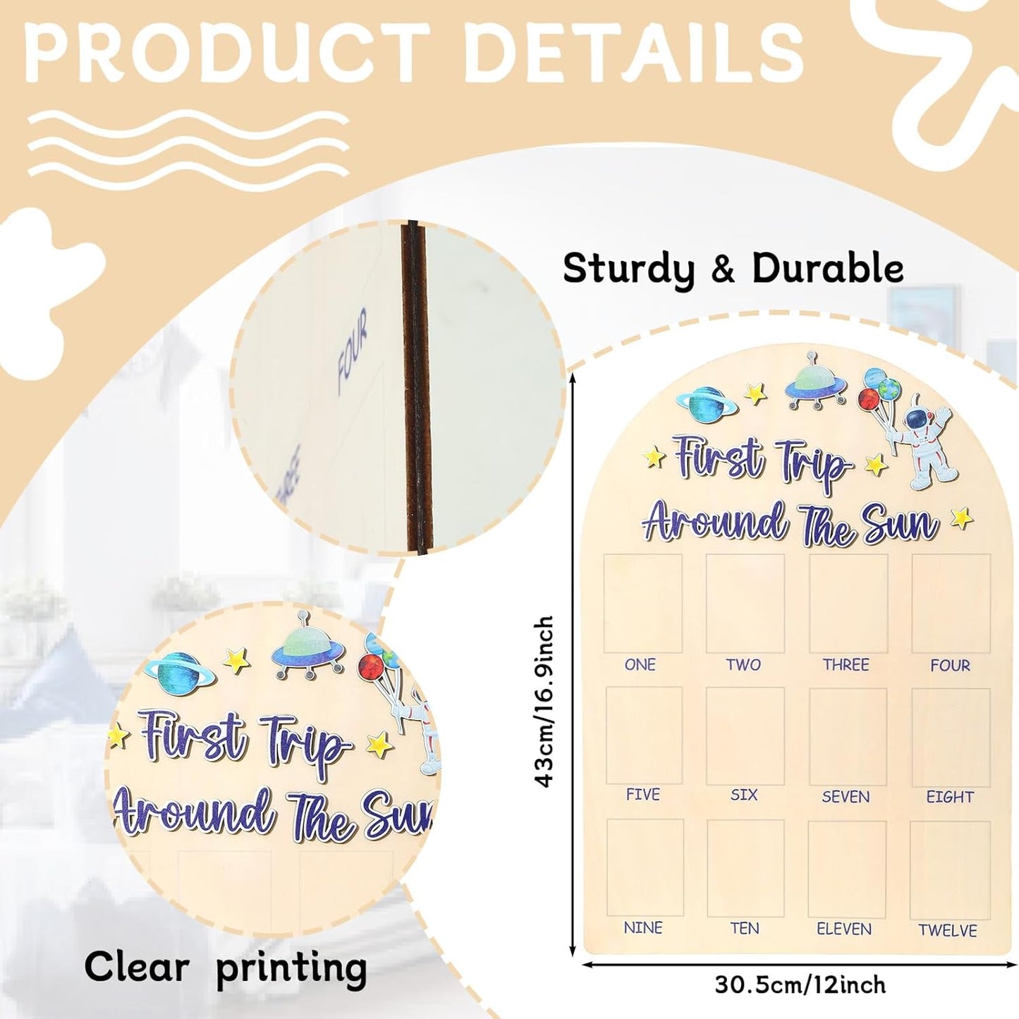 Space First Trip Around The Sun Photo Board One Year Birthday Party Decoration First Year Milestone Photo Board 12 Monthly Picture Frame 1st Birthday Banner for Baby Boy Keepsake Gift Supply 2x2.8In