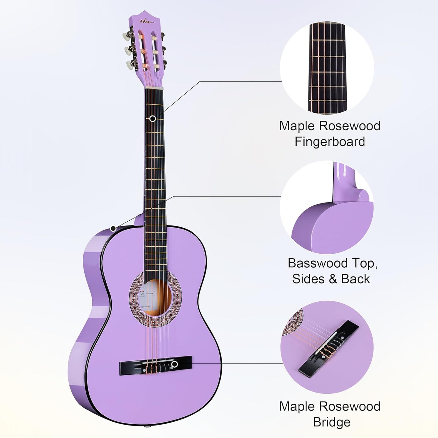 ADM Beginner Acoustic Classical Guitar 38 Inch Nylon Strings Wooden Guitar Bundle Kit for Kid Boy Girl Student Youth Guitarra Online Lessons with Gig Bag, Strap, Tuner, Strings, Purple