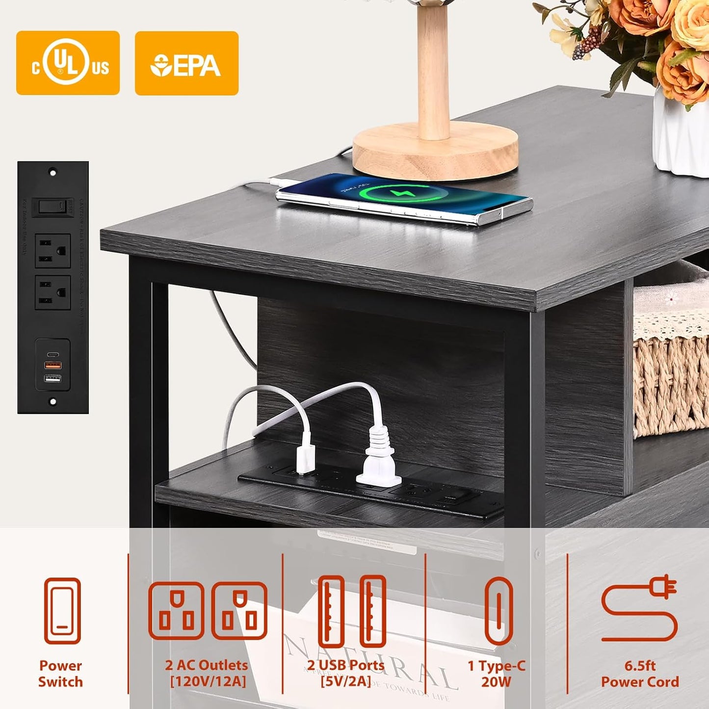 Side Table, End Tables with Charging Station, Narrow End Table with Wooden Drawers, USB Ports and Power Outlets, Nightstand and Bedside Table, End Table Living Room, Bedroom, Dark Grey