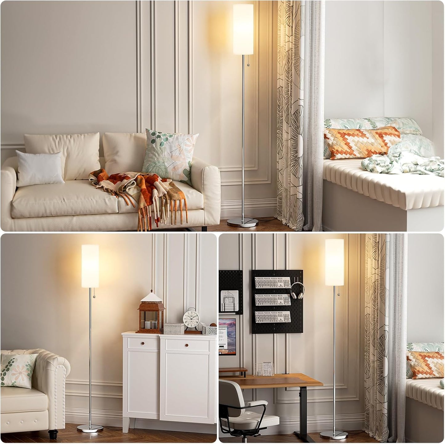 Ambimall Floor Lamp for Living Room with 3 Color Temperatures Bulb, 64" Standing lamp with Linen lampshade for Bedroom, Minimalist Pole Lamp, White Shade & Silver Pole
