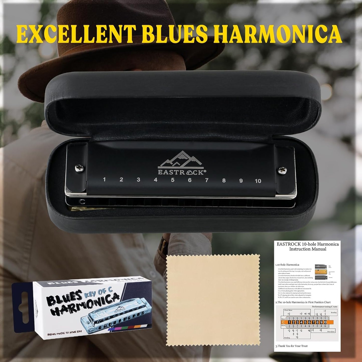 EastRock Harmonica For Adult, Blues Harmonica Mouth Organ 10 Hole C Key with Case, Professional Diatonic Harmonica for Beginner, Students, Adult, Friends, Gifts (Upgraded)