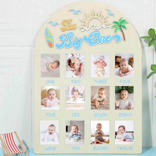 The Big One Photo Board Surf Birthday Party Wooden Board Decorations 12 Monthly Milestone Picture Frame One Year Old Wood Sign 1st Birthday Photo Banner for Baby Keepsake Gift Summer Beach Supplies