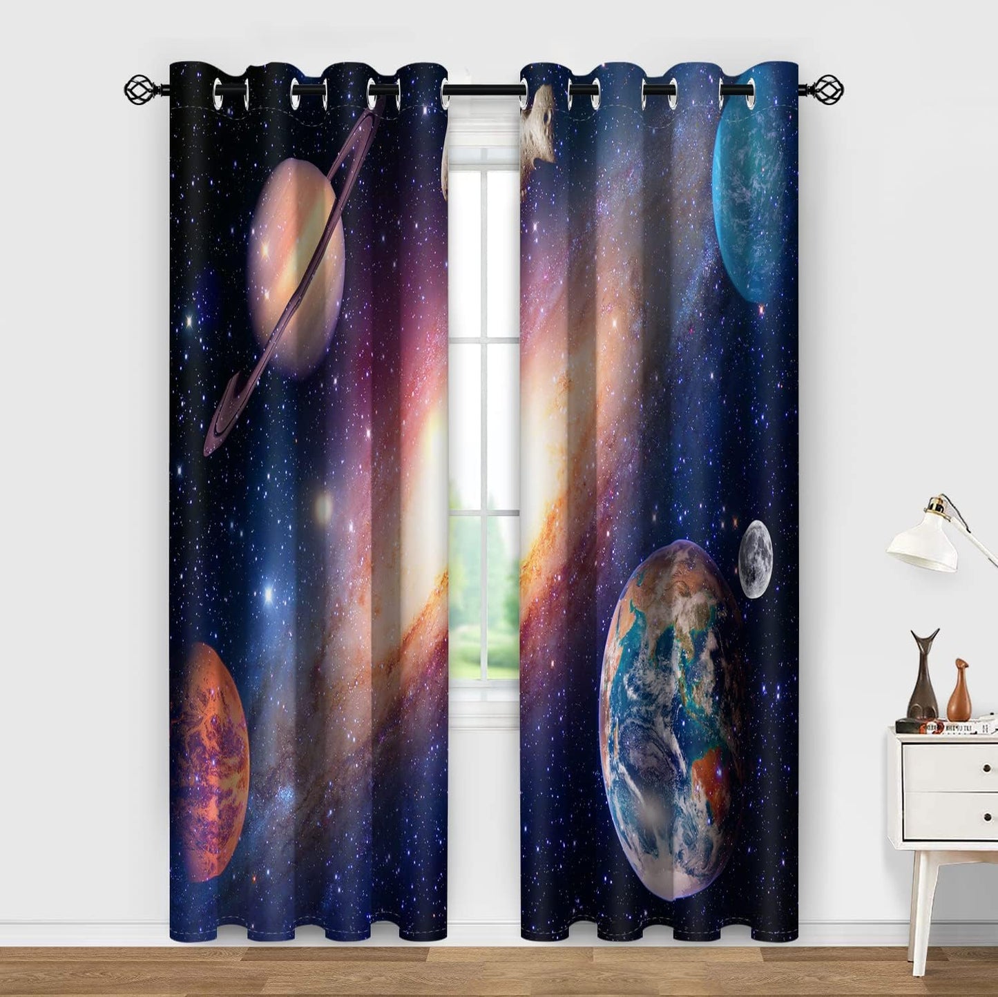 Aimego Galaxy Blackout Curtains for Boys Room - Room Darkening Curtains Outer Space Universe Nebula Starry Solar Planet Window Drapes Decor for Bedroom Living Room Grommet 2 Panel Set, 52"X84"